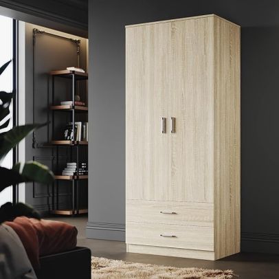 ELEGANT 2 Drawers 2 Doors Oak Finish Free- Standing Wardrobe With Large Hanging Space