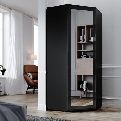 ELEGANT Corner Mirrored Wardrobe with 2 Hanging Rails and 5 Storage Shelves Black