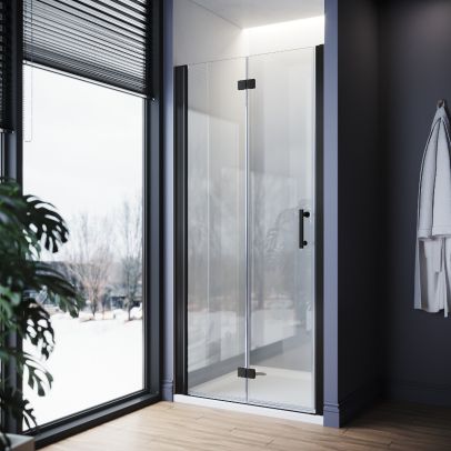 ELEGANT 860mm Black Bifold Shower Door Frameless Bathroom 6mm Safety Bi-Fold Glass Shower Door