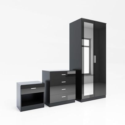 ELEGANT Mirror Wardrobe 3-Piece Bedroom Furniture Suite In Black