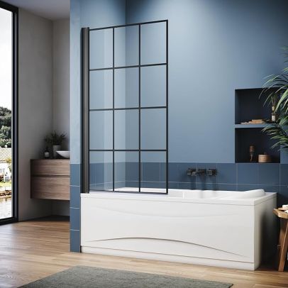 ELEGANT Bath Shower Screen Pivot Bath Screen Black Grid 800x1400mm