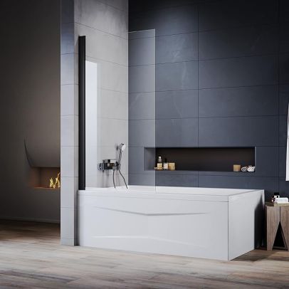 ELEGANT Frameless Bath Shower Screen Black Hinged Door 180 Degrees Pivot Clear Glass Panel