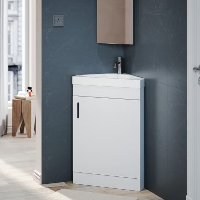 ELEGANT 560mm Premium Quality Corner Vanity Sink Unit with Vitreous Resin Basin Matt White Vanity unit supplied
