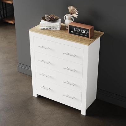 ELEGANT White Oak 4 Drawer Chest with Metal Handles for Bedroom