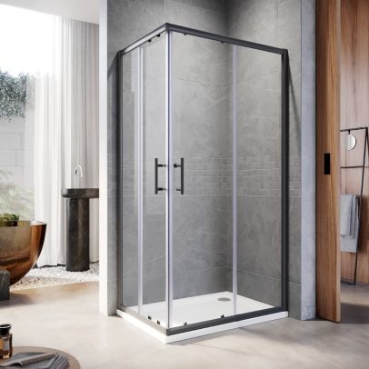 ELEGANT 700 x 760mm Black Framed Sliding Corner Entry Shower Enclosure 6mm Tempered Glass Shower Cubicle
