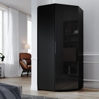 ELEGANT Corner Wardrobe with 2 Hanging Rails and 5 Storage Shelves, Modern Black High Gloss