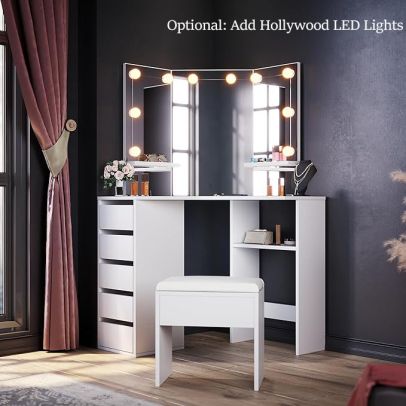 ELEGANT White Corner Dressing Table Vanity Set Makeup Table Vanity Desk Large Frameless Mirror with Makeup Stool