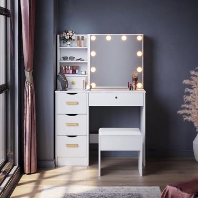 ELEGANT Dressing Table with Mirror and Stool 5 Drawers & 4 Shelves White