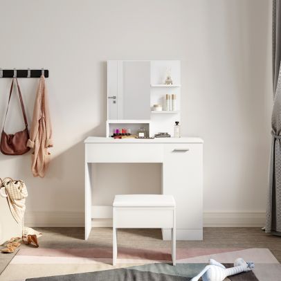 ELEGANT White Dressing Table Vanity Set Makeup Table Vanity Desk Large Frameless Mirror with Makeup Stool