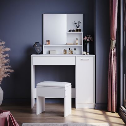 ELEGANT White Dressing Table with Mirror and Stool Makeup Table with Drawer & 4 Shelves
