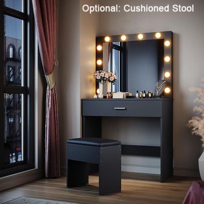 ELEGANT Hollywood Vanity Mirror Dressing Table Set with Adjustable 3 Color LED Lights and 1 Large Storage Drawer
