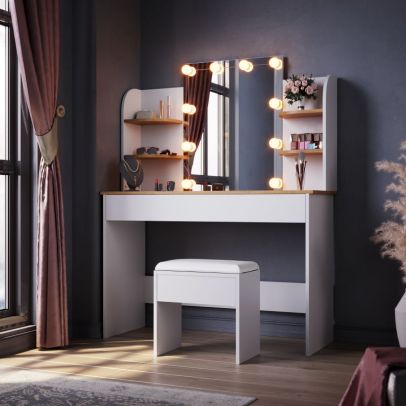 ELEGANT Dressing Table Hollywood LED Lights White Oak with Cushioned Stool