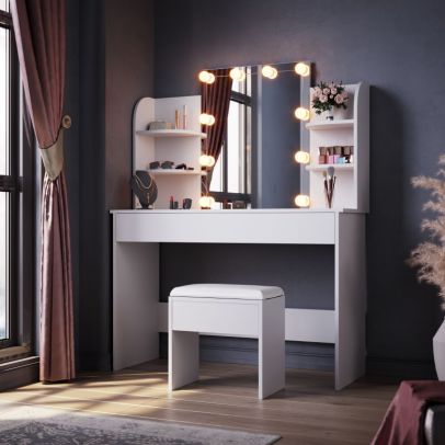 ELEGANT Dressing Table with LED Lights Mirror Makeup Table with Drawer and Cushioned Stool