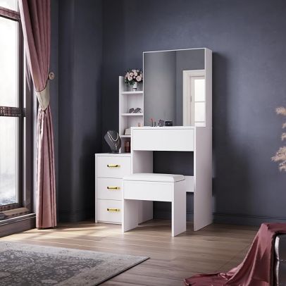 ELEGANT Dressing Table with Sliding Mirror 3 Drawers & 4 Shelves White Vanity Table with Stool