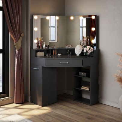 Corner Dressing Table Set with 3-Angle LED Mirror