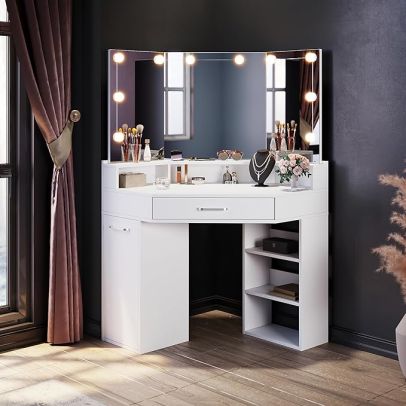 Corner Curved Dressing Table with 3-Angle LED Mirror White