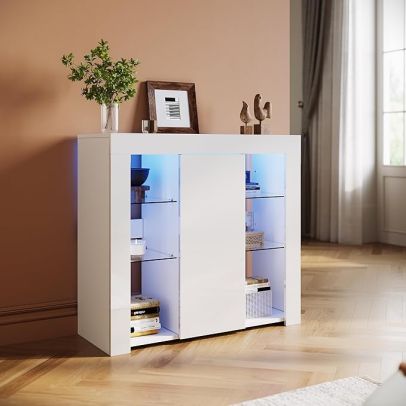 ELEGANT Display Cabinet High Gloss Sideboard with LED Lights 1 Door White