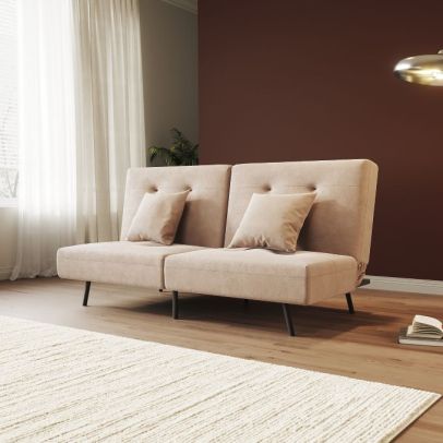 ELEGANT 2 Seater Sofa Bed with 2 Soft Cushion Fabric Adjustable Angle Back-Khaki