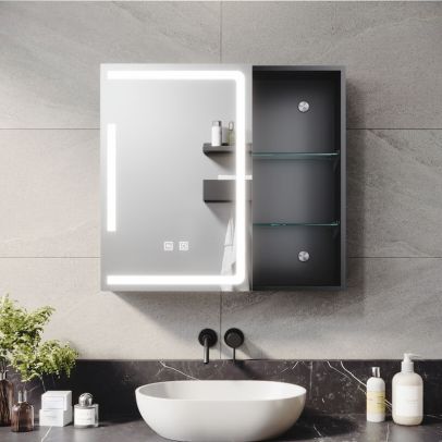 ELEGANT 650 x 600 mm Bathroom Mirror Cabinet with Demister Matt Black