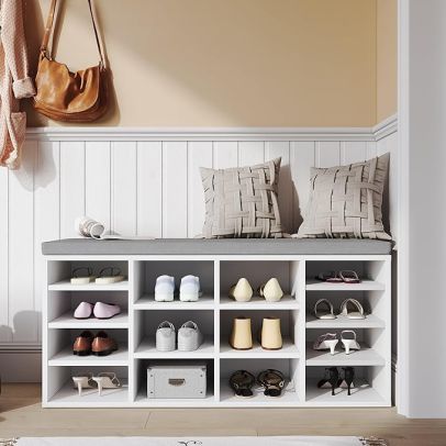 ELEGANT Shoe Bench with Padded Seat & Cushion 104 x 30 x 48cm White