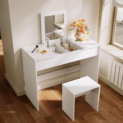 ELEGANT Dressing Table Set with Flip-Up Mirror & Stool White