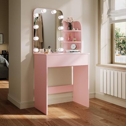 ELEGANT Dressing Table with Hollywood LED Lights Mirror Pink