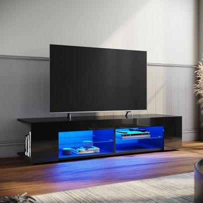 ELEGANT Modern TV Stand with Storage Cabinet & Book Shelves 1350mm Black