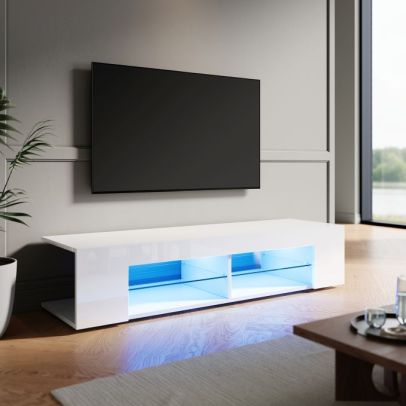 ELEGANT LED TV Unit with Open Glass Storage Shelves White 1350x390x300mm