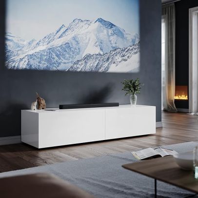 ELEGANT White Floating TV Unit Cabinet Wall Mounted High Gloss Entertainment Unit 140cm