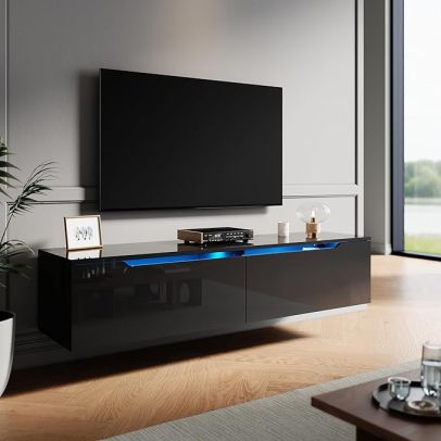 ELEGANT Floating TV Unit Cabinet 1400x350x300mm Gloss Black
