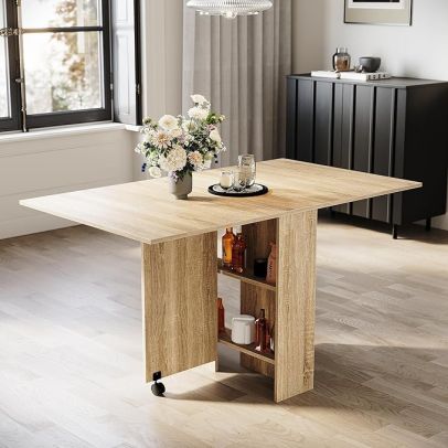 ELEGANT Foldable Dinner Table with Wheels and Storage Shelf Walnut