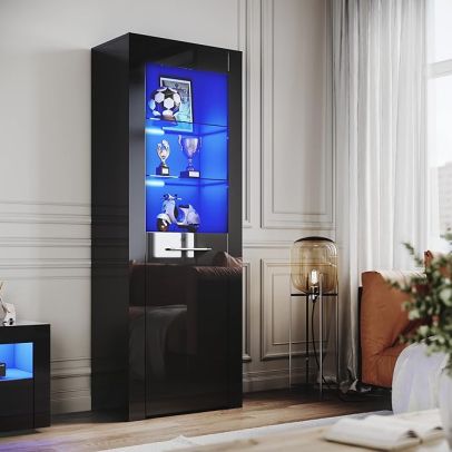 ELEGANT High Gloss Black Display Cabinet Sideboard Storage Door Cupboard with LED Lights