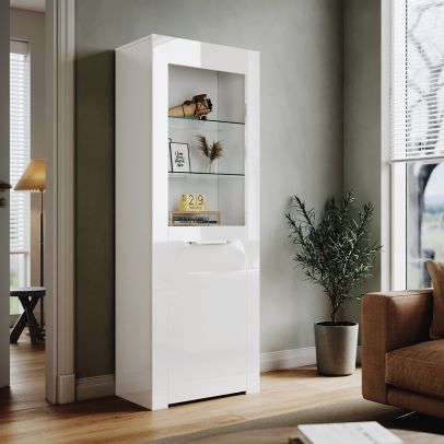ELEGANT High Gloss White Display Cabinet with LED Lights Sideboard Storage Door Cupboard