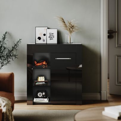 ELEGANT High Gloss Black Sideboard Cabinet Storage Doors Cupboard with RGB LED Lights