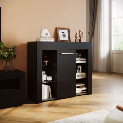 ELEGANT Black High Gloss Display Cabinet Sideboards with 16 colors LED Light Central Door