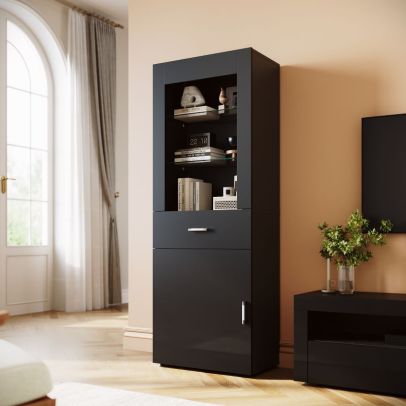 ELEGANT Black Gloss Sideboard Cupboard Tall Display Cabinet Unit with LED Lights