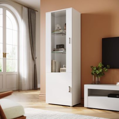 ELEGANT White High Gloss Tall Display Cabinet LED Sideboard Cupboard Unit Furniture 187cm
