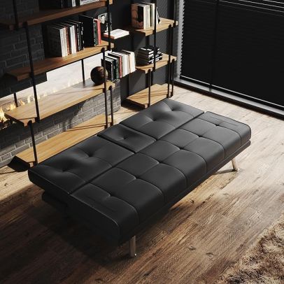 ELEGANT Black Color Folding Sofa Bed with Pillow and Beverage Bottle Rack