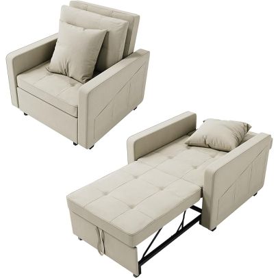 ELEGANT Cream White Single Sofa Bed, 3-in-1 Pull Out Convertible Sleeper Chair Bed with Adjustable Backrest