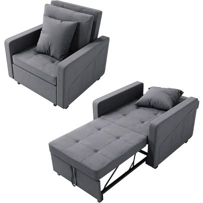 ELEGANT Grey Single Sofa Bed, 3-in-1 Pull Out Convertible Sleeper Chair Bed with Adjustable Backrest