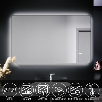 ELEGANT 1000 X 600mm Touch Shaving Socket Illuminated Bathroom LED Mirror - Time display
