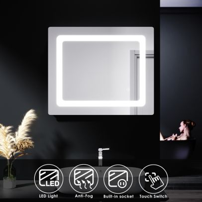 ELEGANT 600 X 500mm Wall Hung Bathroom Illuminated LED Mirror | Shaver Socket | Demister