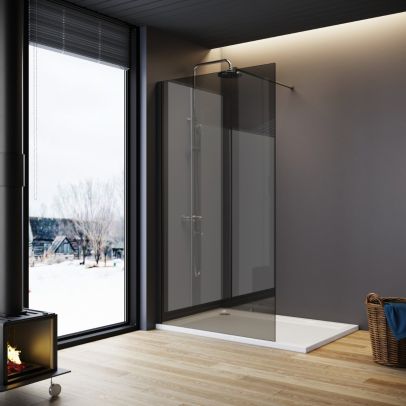 ELEGANT 800mm Walk-In Shower Screen 8mm Smoked Nano Easy Clean Glass-Black