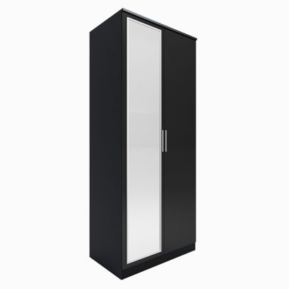 ELEGANT Soft Close 2 Door High Gloss Black Mirrored Wardrobe With Shelves