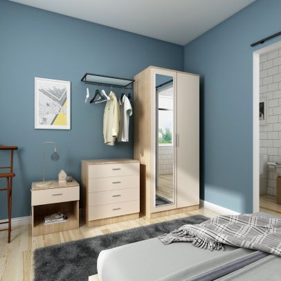 ELEGANT 3-Piece Modern High Gloss Mirror Wardrobe Cream And Oak Bedroom Furniture Set