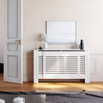 ELEGANT Adjustable Horizontal Grille Radiator Cover Traditional 3 Pattern Slatted Wood Decor WHITE 1400-2030mm