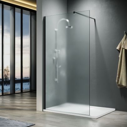 Marbella 1100mm Walk Through Wet Room Shower Screen 8mm - 2 Matt Black Ceiling Poles | Royal