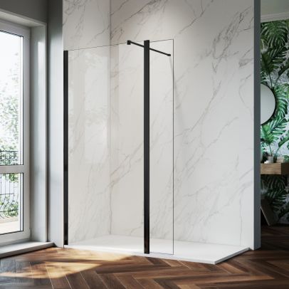 ELEGANT Black Fittings 800mm Clear Easy Clean Walk-In Shower Screen With Return Panel Wet Room Screen