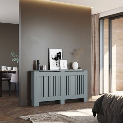 ELEGANT 1520mm Vertical Grille Radiator Cover Traditional 3 Pattern Slatted Wood Decor Grey
