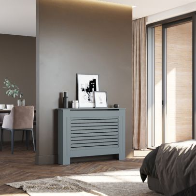 ELEGANT Grey 1120mm Horizontal Grille Radiator Cover Traditional 3 Pattern Slatted Wood Decor